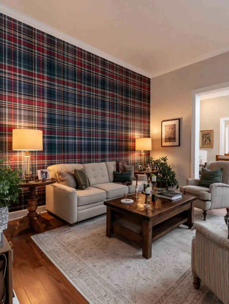Aesthetic Scottish Living Room Ideas: Classic Tartan Accent Wall