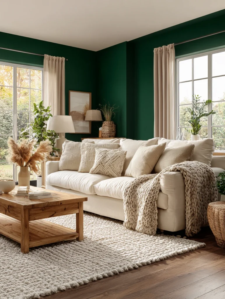 Aesthetic Irish Living Room Ideas: Deep Emerald Green Accent Wall