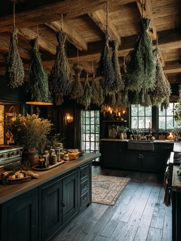 Witchy Kitchen Aesthetic Ideas: Dried Herb Bundles Hanging from the Ceiling