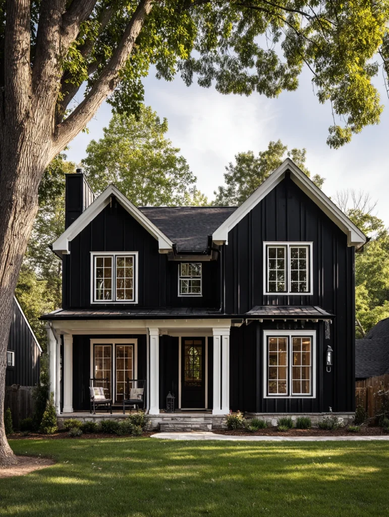 Dark Exterior House Color Schemes: Black with White Board and Batten