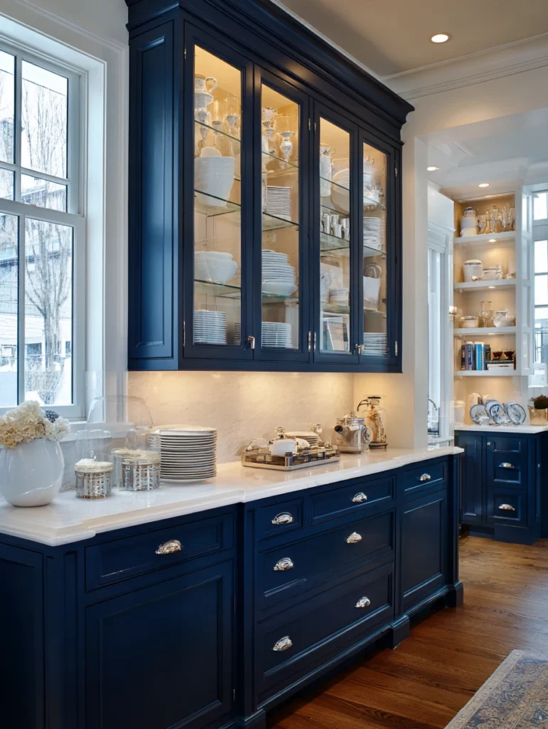 Navy Blue Kitchen Cabinet Ideas: Navy Base with Glass Upper Cabinets