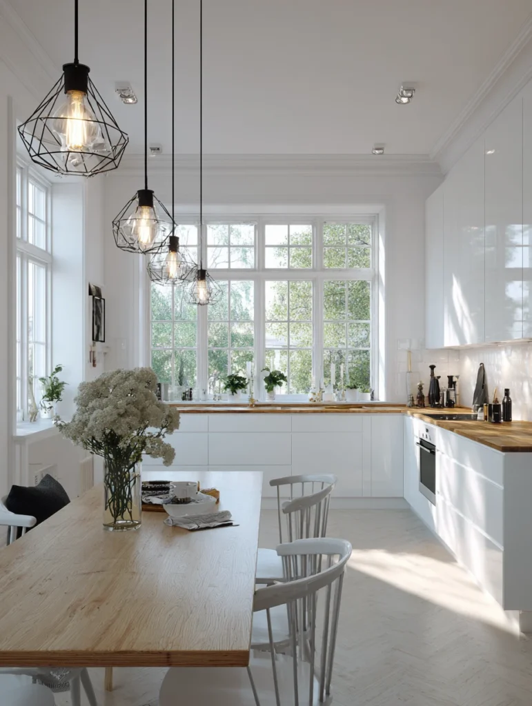Stunning Swedish Kitchen Ideas: Pendant Lights in Simple Shapes