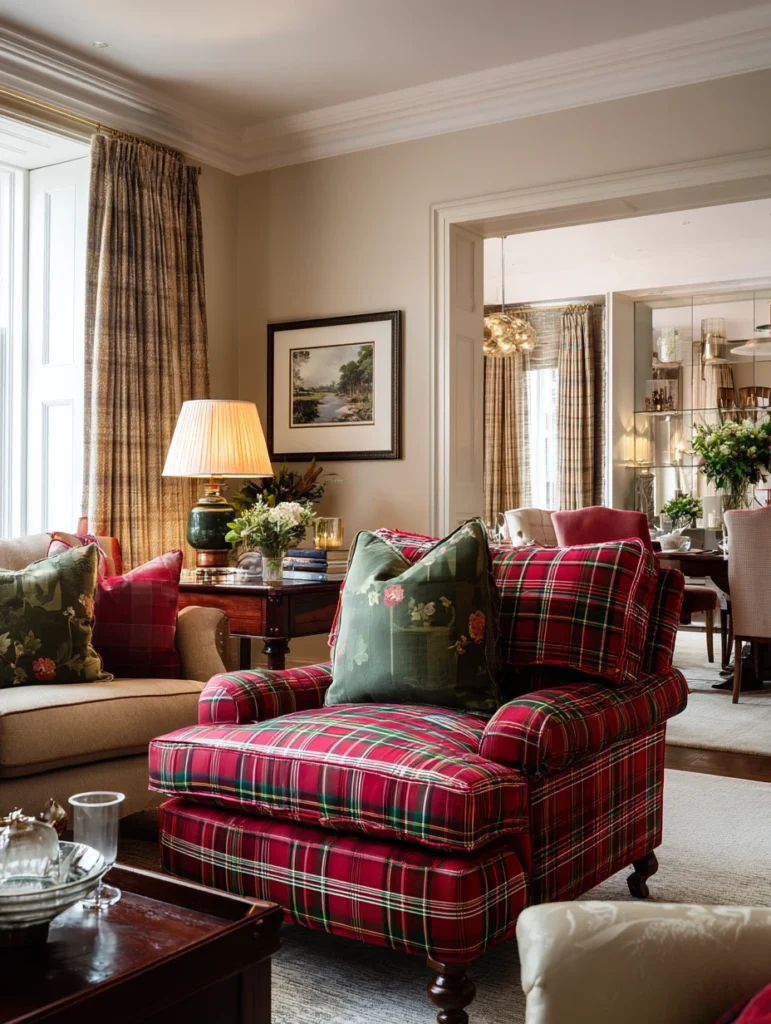 Aesthetic Scottish Living Room Ideas: Plaid Upholstered Furniture