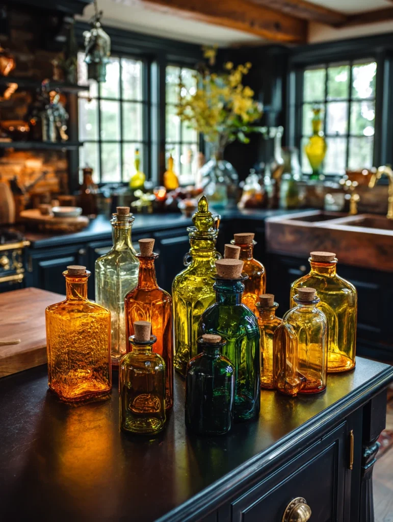 Witchy Kitchen Aesthetic Ideas: Vintage Glass Bottles for Oils and Vinegars