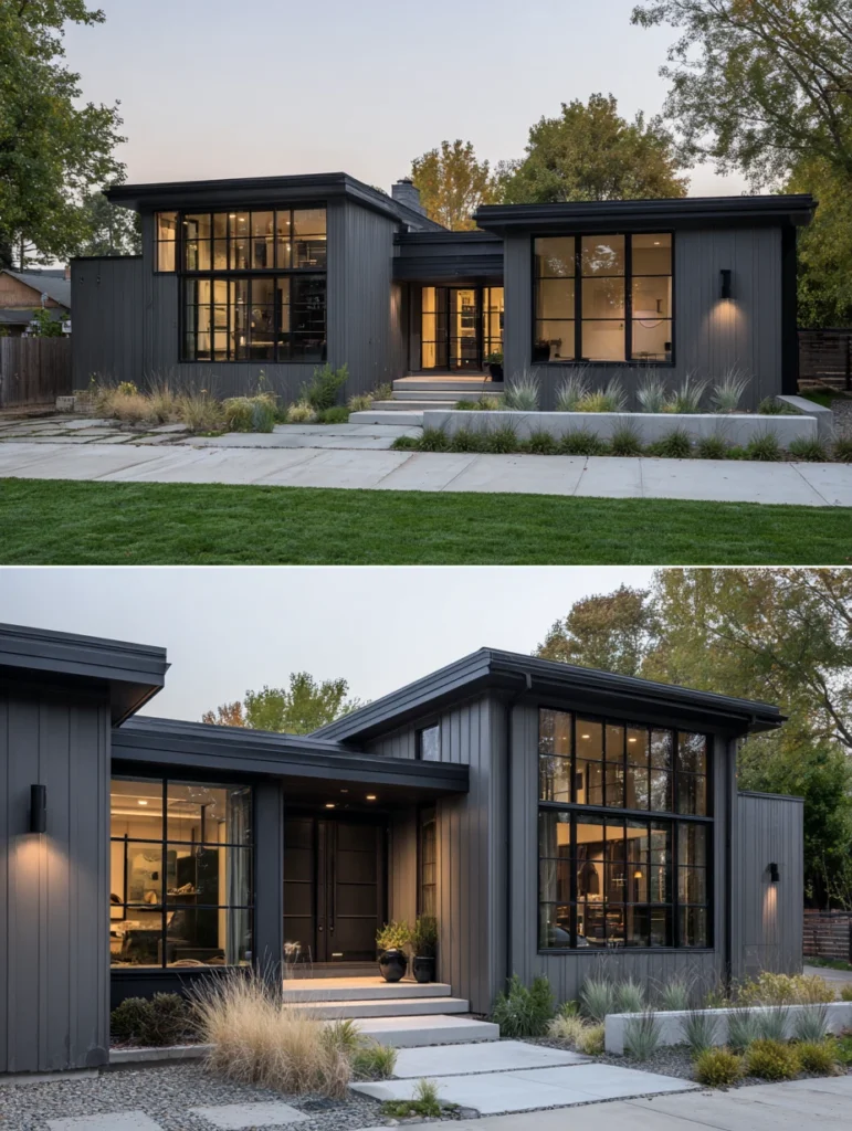 Dark Exterior House Color Schemes: Charcoal with Black Windows