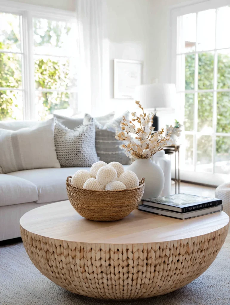 Elegant Round Coffee Table Styling Ideas: Display a Decorative Bowl as a Catch-All