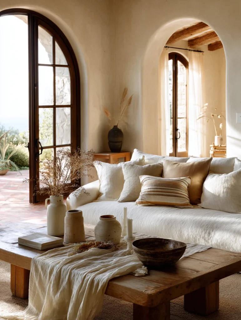 Mediterranean Coffee Table Styling Ideas: Layer Linen Table Runners