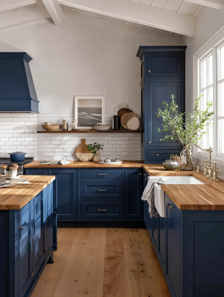 Navy Blue Kitchen Cabinet Ideas: Navy with Butcher Block Countertops