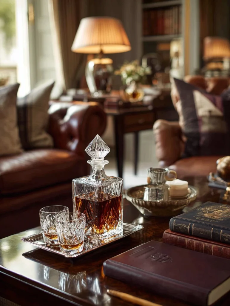 Scottish Coffee Table Styling Ideas: Display Small Whisky Decanters as Sculptural Elements