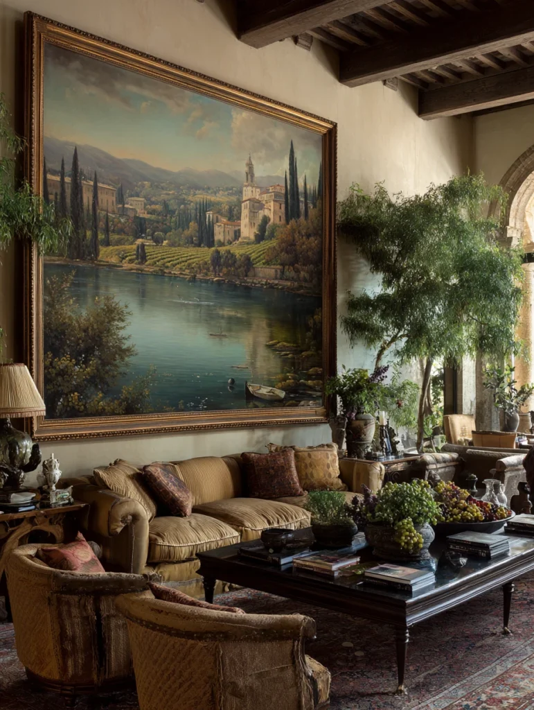 Aesthetic Italian Living Room Ideas: Feature Large-Scale Landscape Oil Paintings