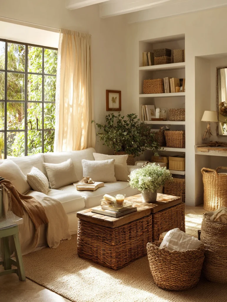Aesthetic Irish Living Room Ideas: Natural Fiber Baskets for Storage