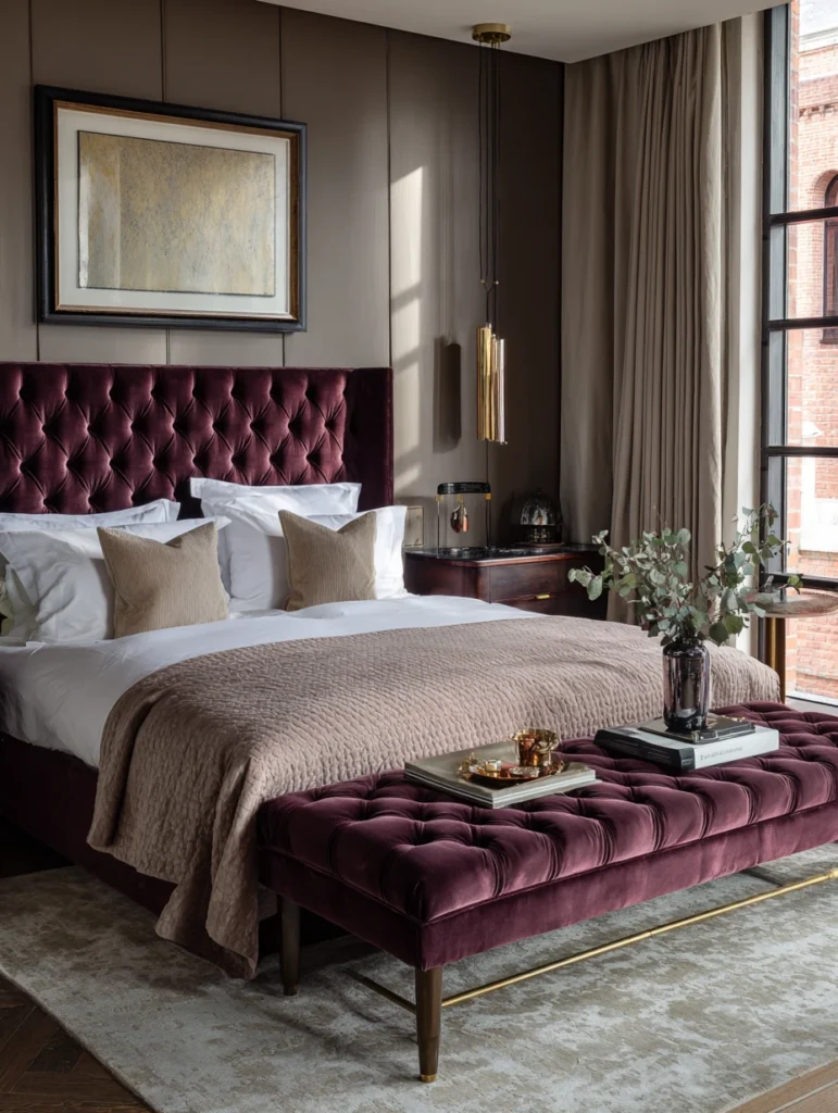 Aesthetic Italian Bedroom Ideas: Upholstered Tufted Benches at the Foot of the Bed