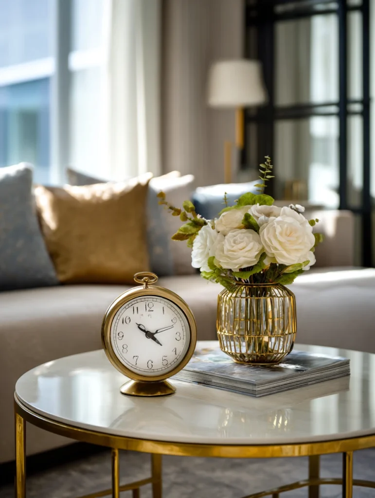 Elegant Round Coffee Table Styling Ideas: Add a Small Clock for Functional Style