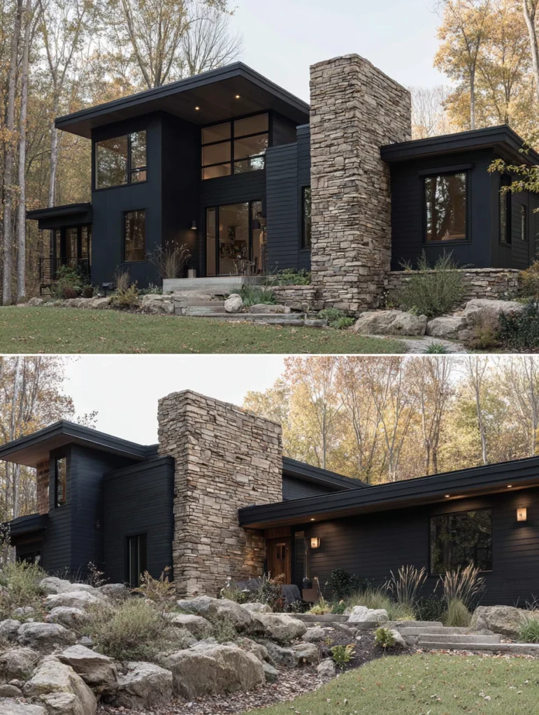 Dark Exterior House Color Schemes: Matte Black with Natural Stone Foundation