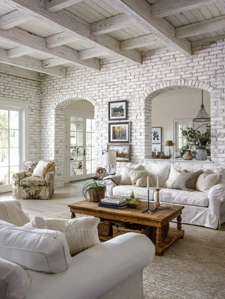 Aesthetic Irish Living Room Ideas: Whitewashed Brick Accent Wall