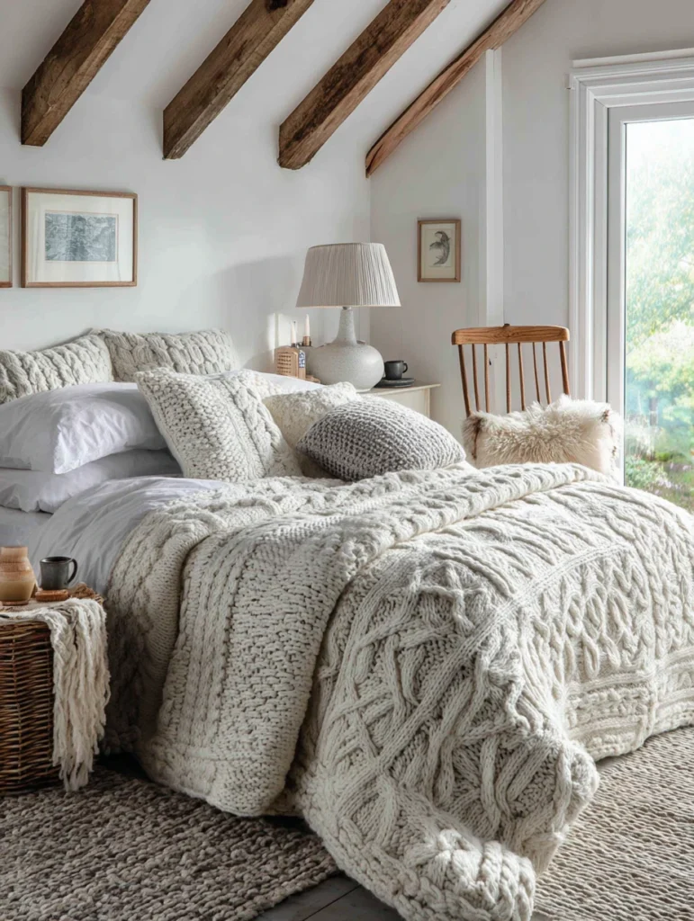 Aesthetic Irish Bedroom Ideas: Use Chunky Cable-Knit Throws and Pillows