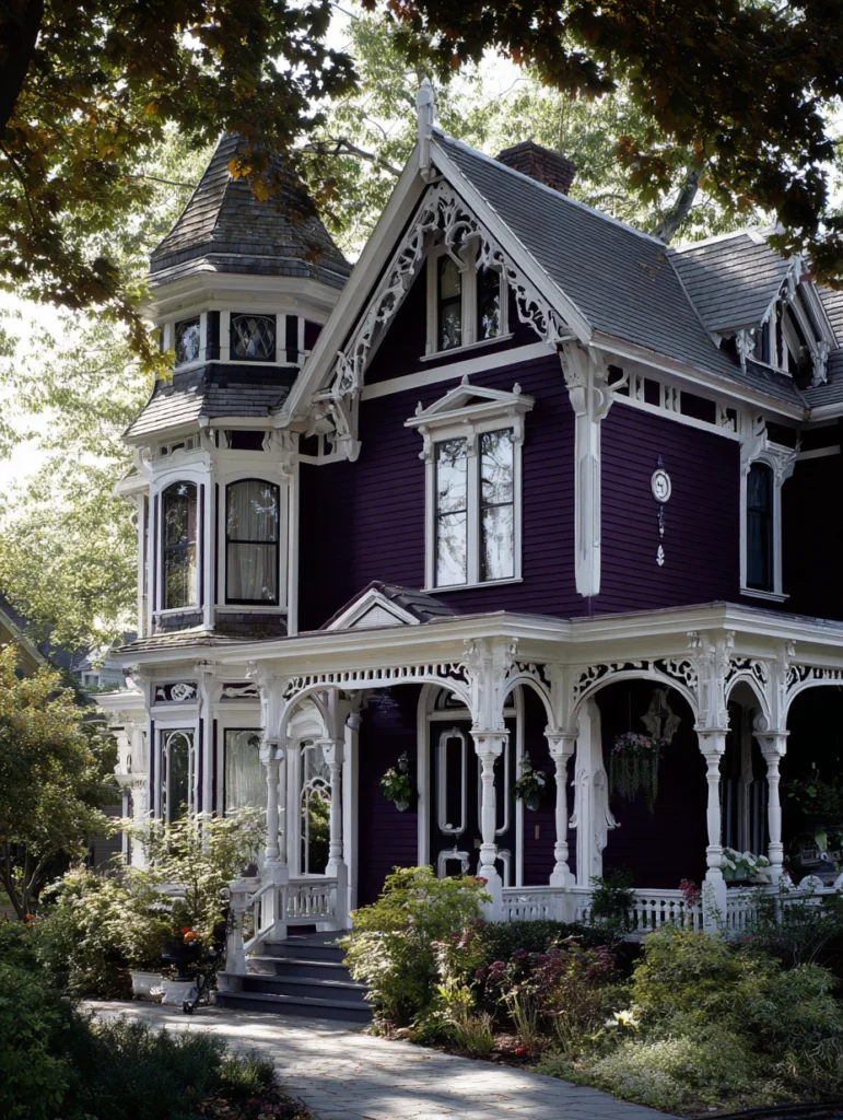 Dark Exterior House Color Schemes: Dark Eggplant Purple with White Accents
