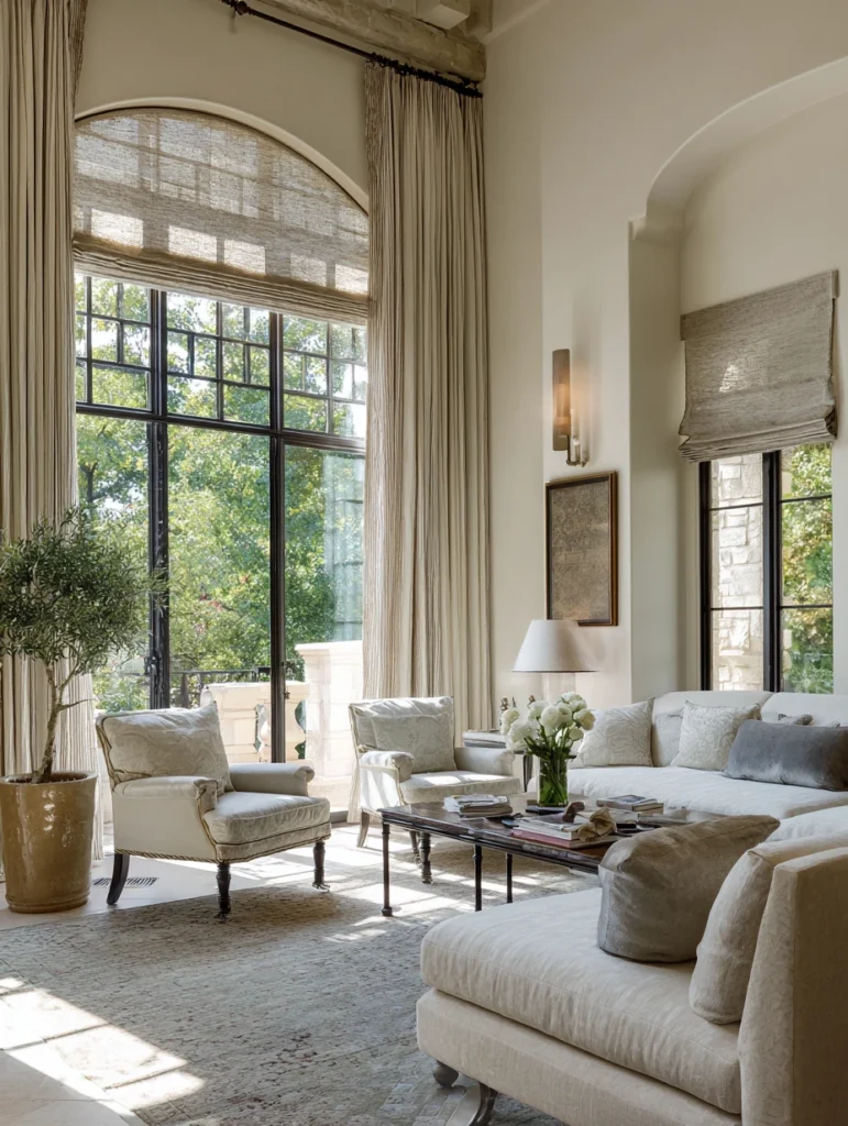 Aesthetic Italian Living Room Ideas: Choose Roman Shade Window Treatments in Natural Fabrics
