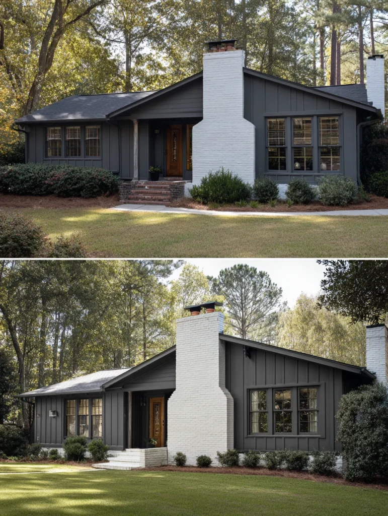 Dark Exterior House Color Schemes: Charcoal with White Brick