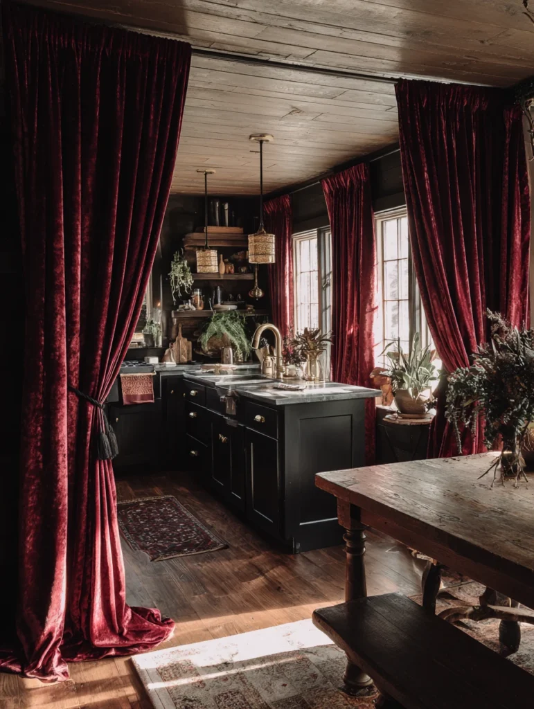 Witchy Kitchen Aesthetic Ideas: Velvet or Dark Textured Curtains
