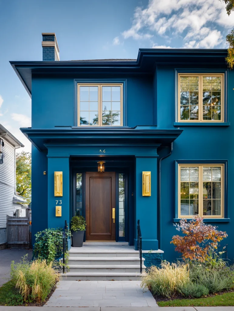 Dark Exterior House Color Schemes: Deep Teal with Gold Hardware