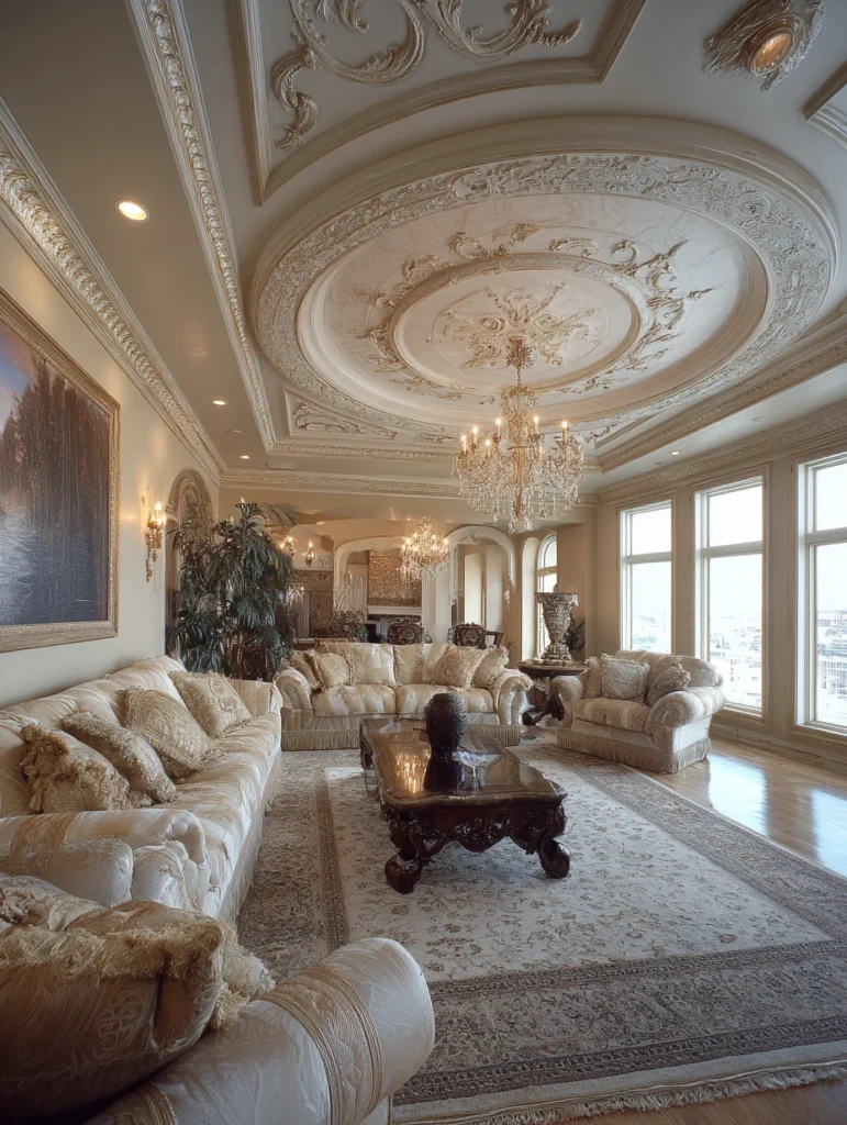 Aesthetic Italian Living Room Ideas: Install Crown Molding and Ceiling Medallions