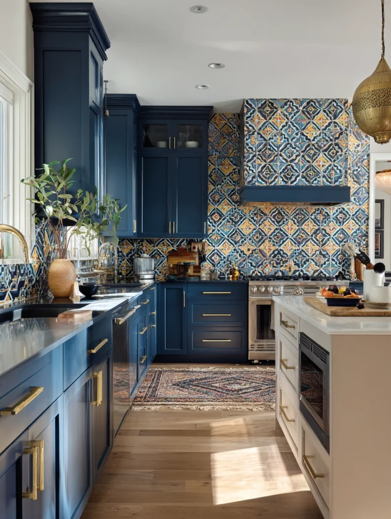 Navy Blue Kitchen Cabinet Ideas: Navy with Patterned Tile Backsplash