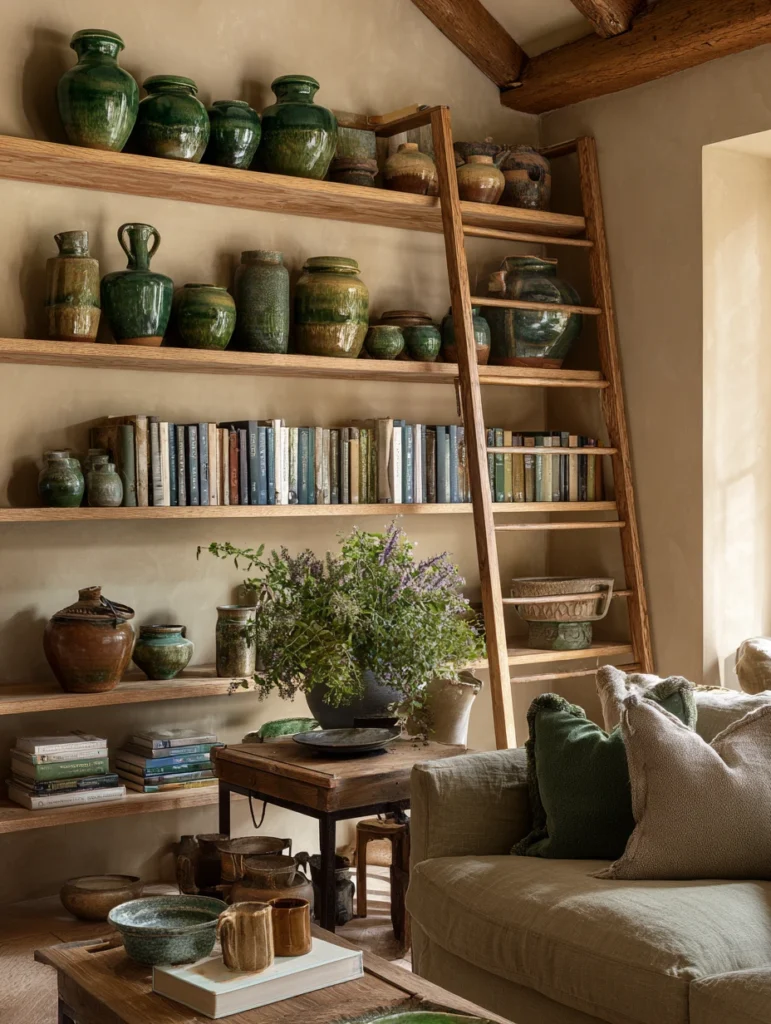 Aesthetic Irish Living Room Ideas: Open Shelving with Irish Pottery Display