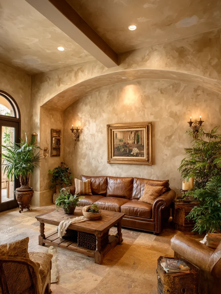 Aesthetic Italian Living Room Ideas: Apply Venetian Plaster for Authentic Textured Walls