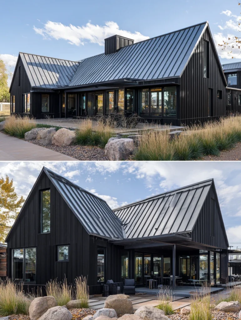 Dark Exterior House Color Schemes: Black with Galvanized Metal Roof