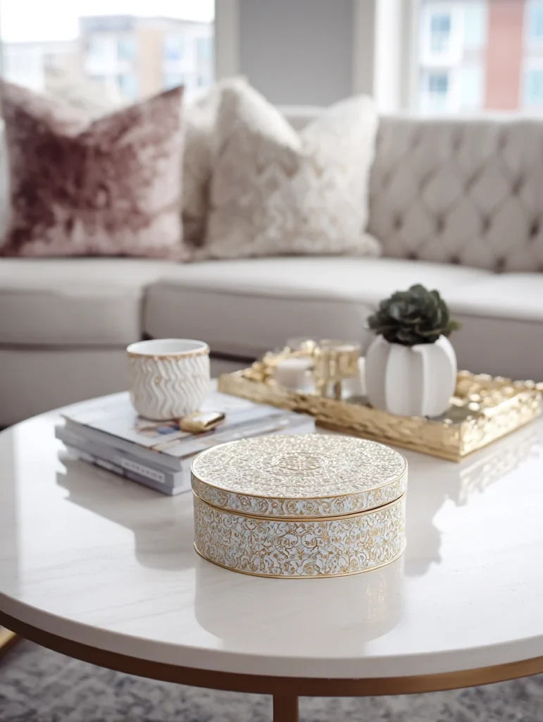 Elegant Round Coffee Table Styling Ideas: Add a Small Decorative Box for Hidden Storage