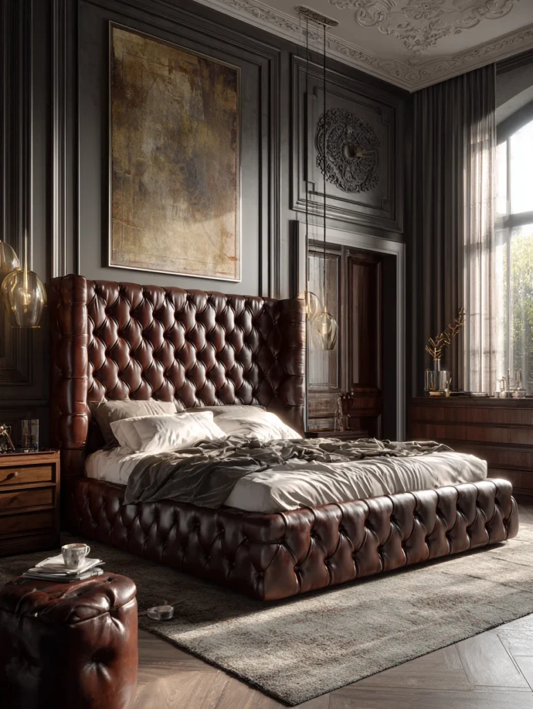 Aesthetic Italian Bedroom Ideas: Tufted Leather Headboard