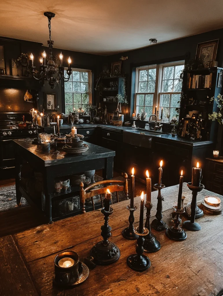 Witchy Kitchen Aesthetic Ideas: Candles in Dark Holders Everywhere