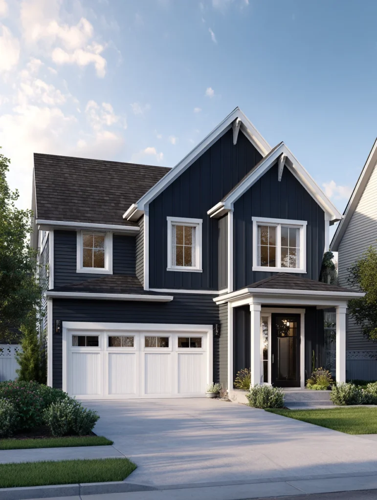 Dark Exterior House Color Schemes: Charcoal Gray with Bright White Garage Door