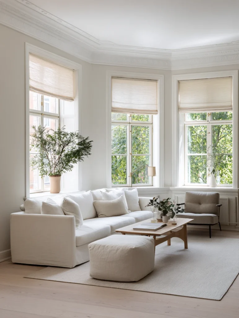 Stunning Swedish Living Room Ideas: Install Minimal Window Treatments