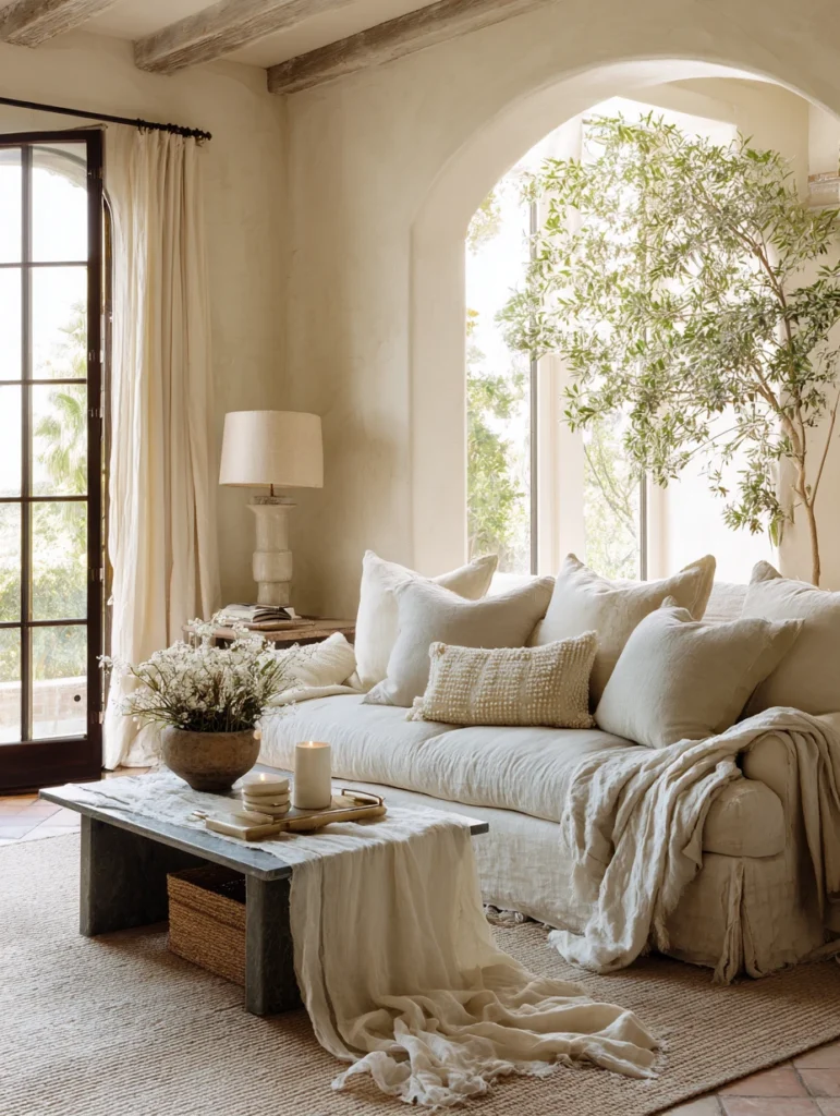 Mediterranean Coffee Table Styling Ideas: Layer Neutral Textiles