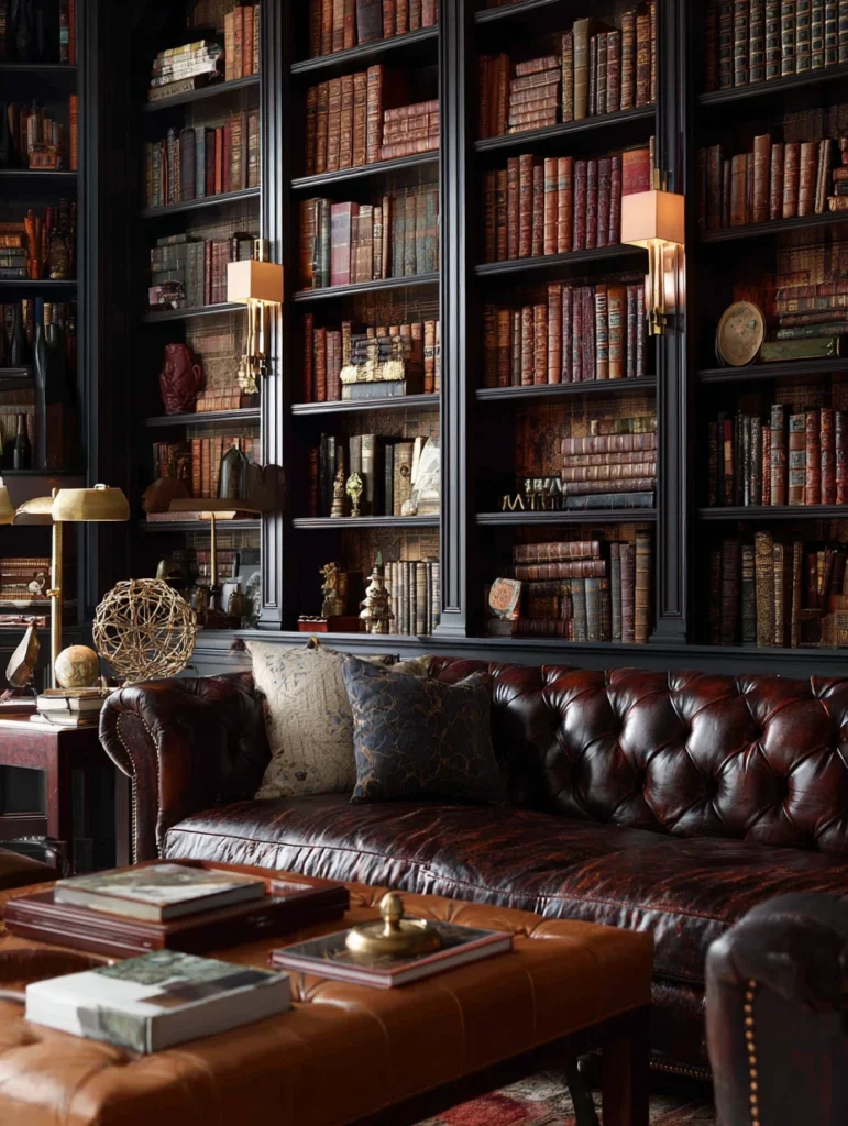 Aesthetic Scottish Living Room Ideas: Library Wall with Dark Shelving