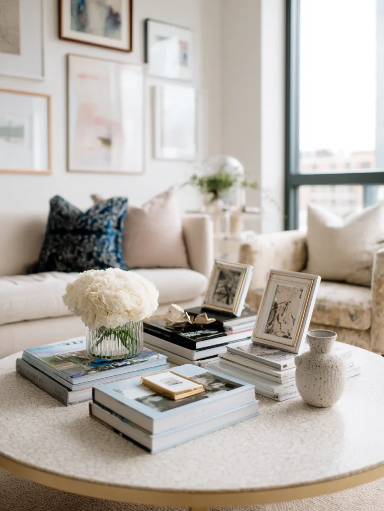 Elegant Round Coffee Table Styling Ideas: Create a Mini Gallery with Small Framed Prints