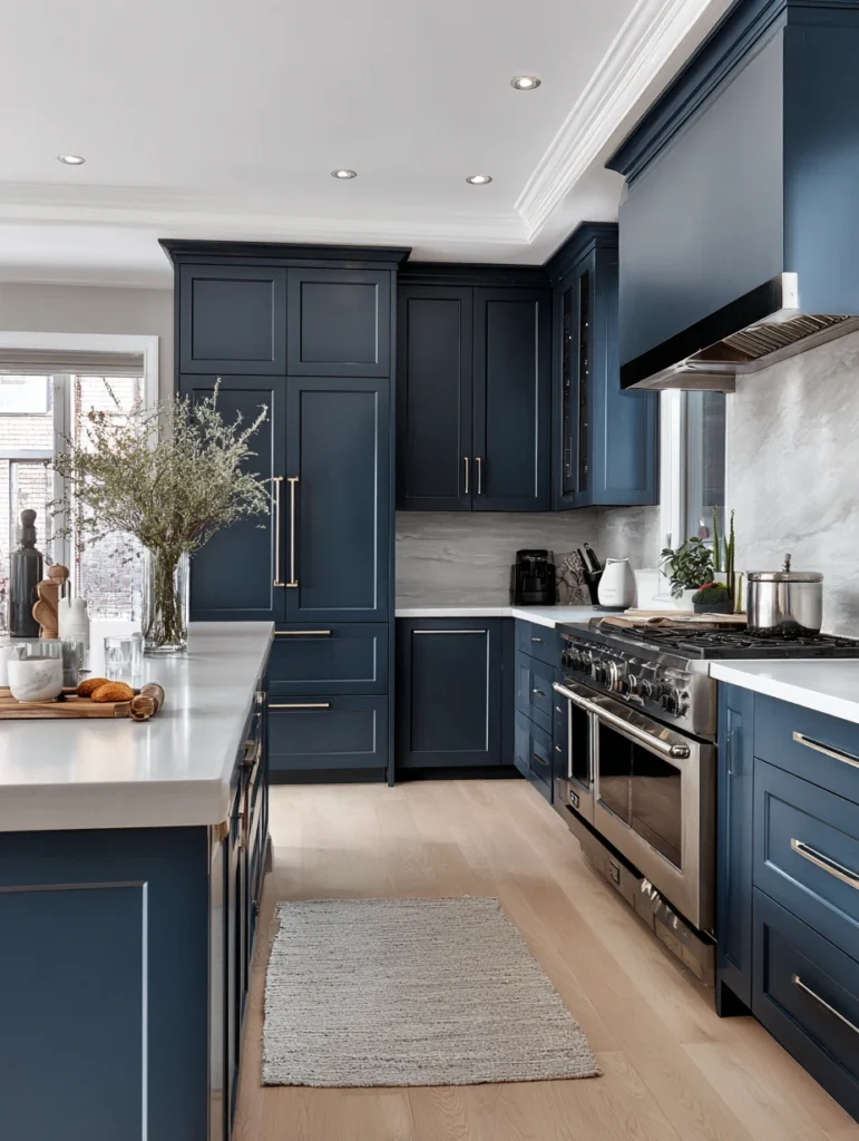 Navy Blue Kitchen Cabinet Ideas: Navy with Light Gray Countertops