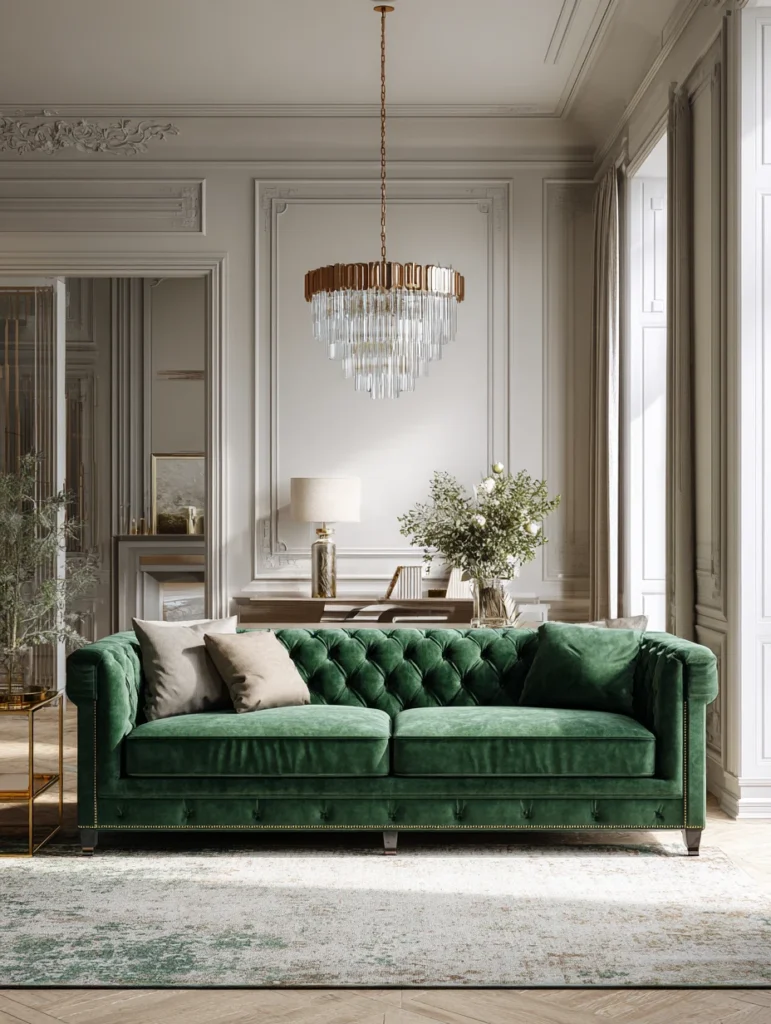Aesthetic Irish Living Room Ideas: Peat Moss Green Velvet Sofa
