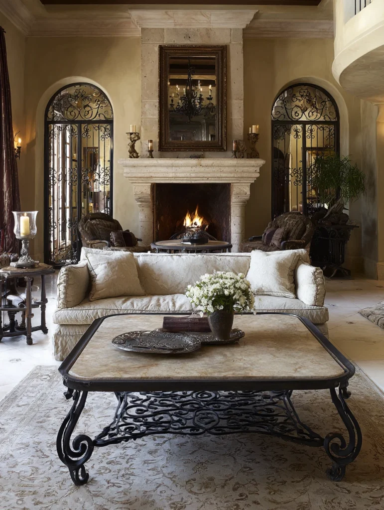 Aesthetic Italian Living Room Ideas: Incorporate Wrought Iron Coffee Table Bases with Stone Tops
