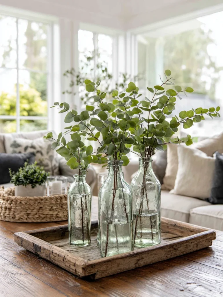 Scottish Coffee Table Styling Ideas: Add Fresh Greenery in Simple Glass Bottles