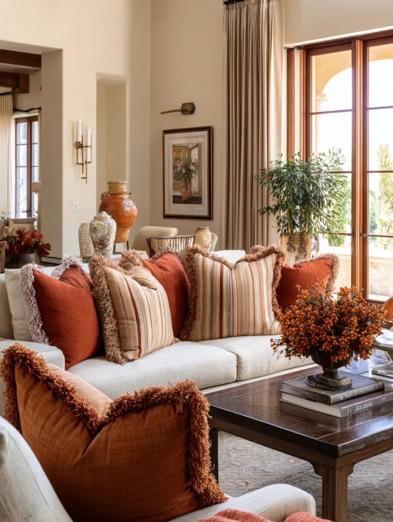 Aesthetic Italian Living Room Ideas: Add Fringed Throw Pillows in Warm Earth Tones
