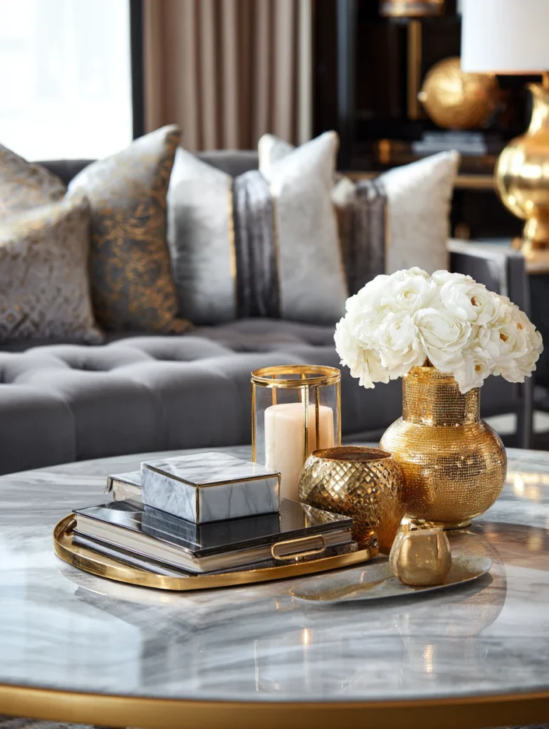 Elegant Round Coffee Table Styling Ideas: Introduce Metallic Accents for Glamour