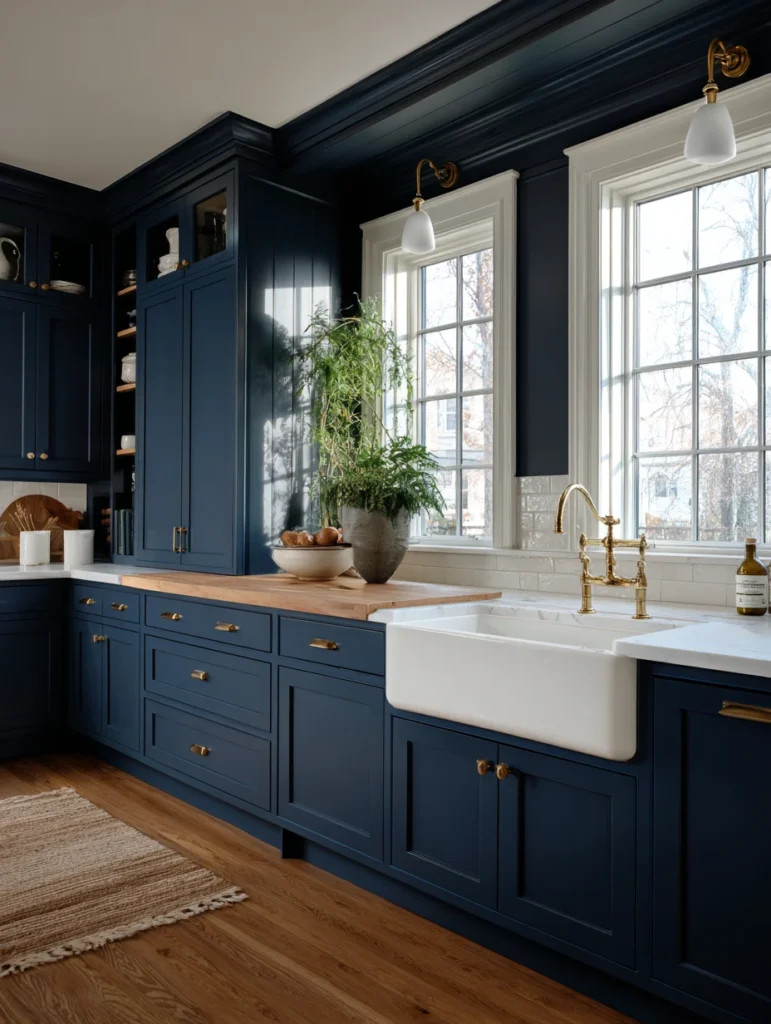 Navy Blue Kitchen Cabinet Ideas: Navy Cabinets with Farmhouse Sink