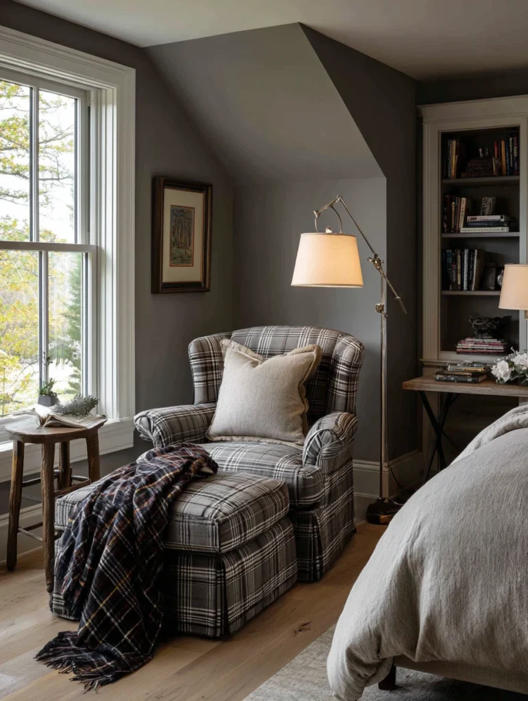 Aesthetic Scottish Bedroom Ideas: Reading Nook with Tartan Chair