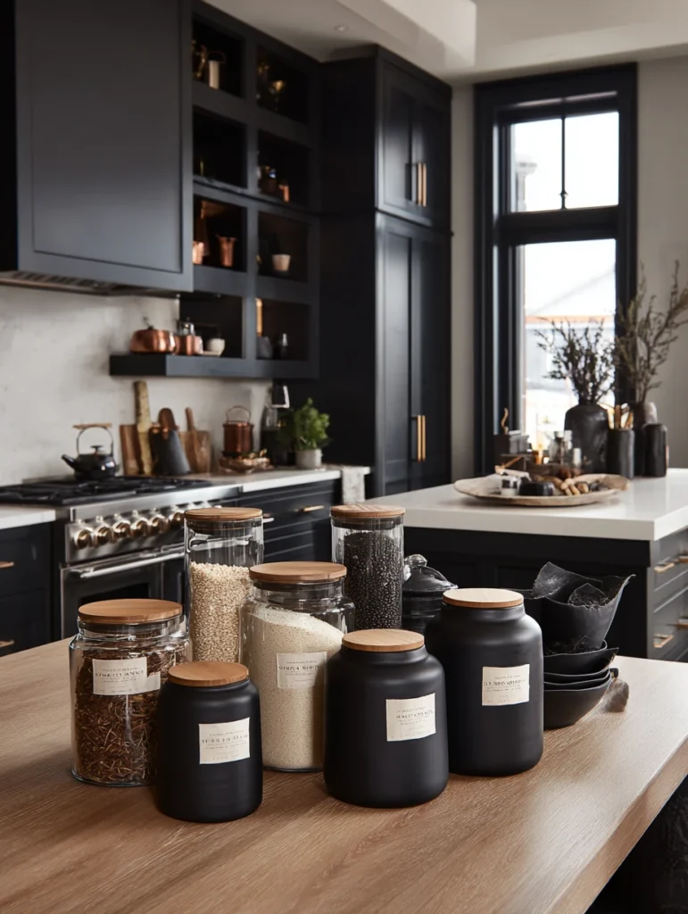Witchy Kitchen Aesthetic Ideas: Black Matte Canisters for Pantry Staples