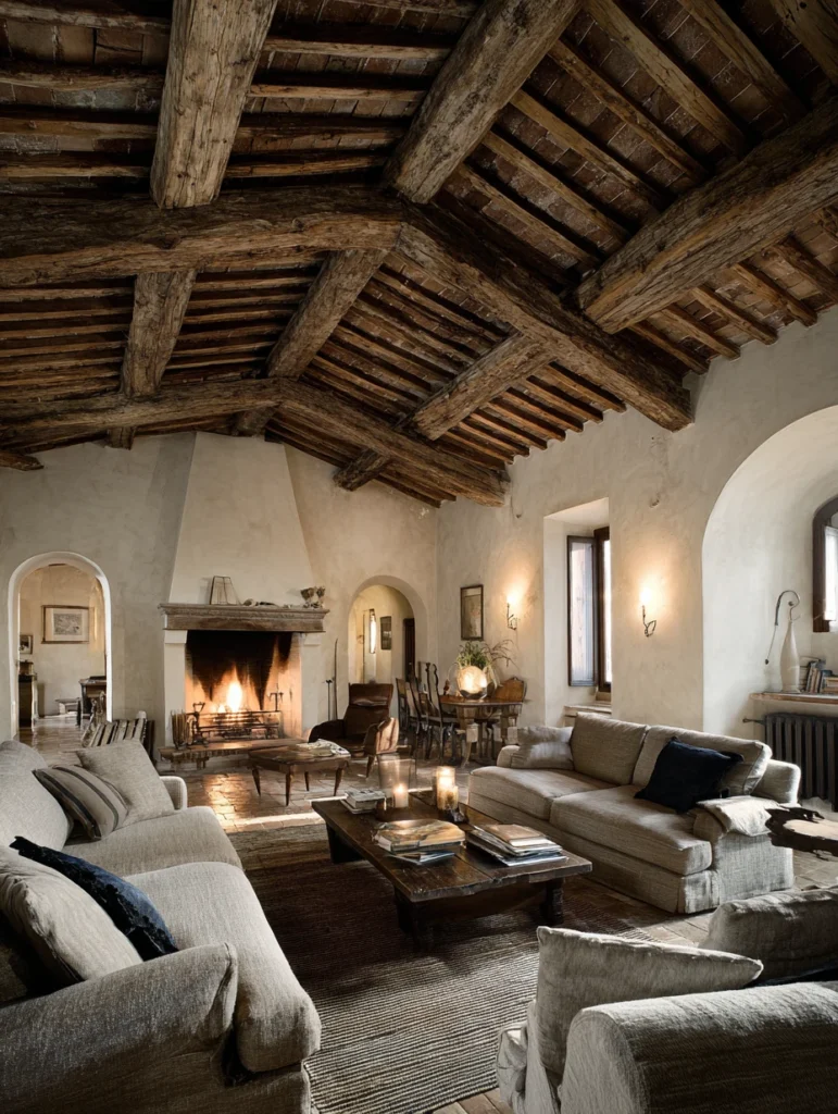 Aesthetic Italian Living Room Ideas: Incorporate Rustic Wooden Beam Ceiling Treatments