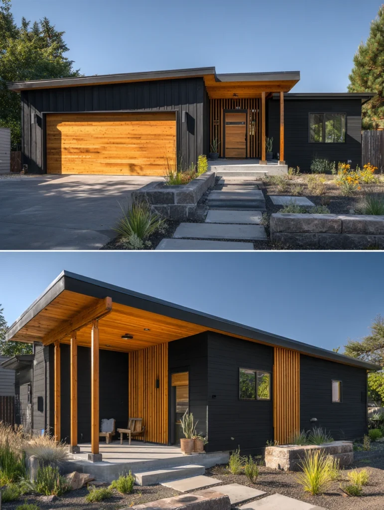Dark Exterior House Color Schemes: Jet Black with Natural Wood Accents