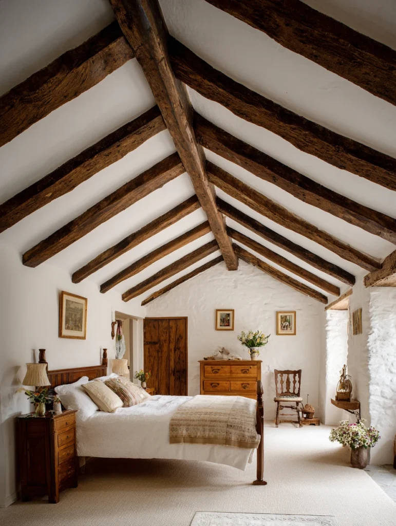 Aesthetic Irish Bedroom Ideas: Install Traditional Wooden Ceiling Beams for Cottage Character